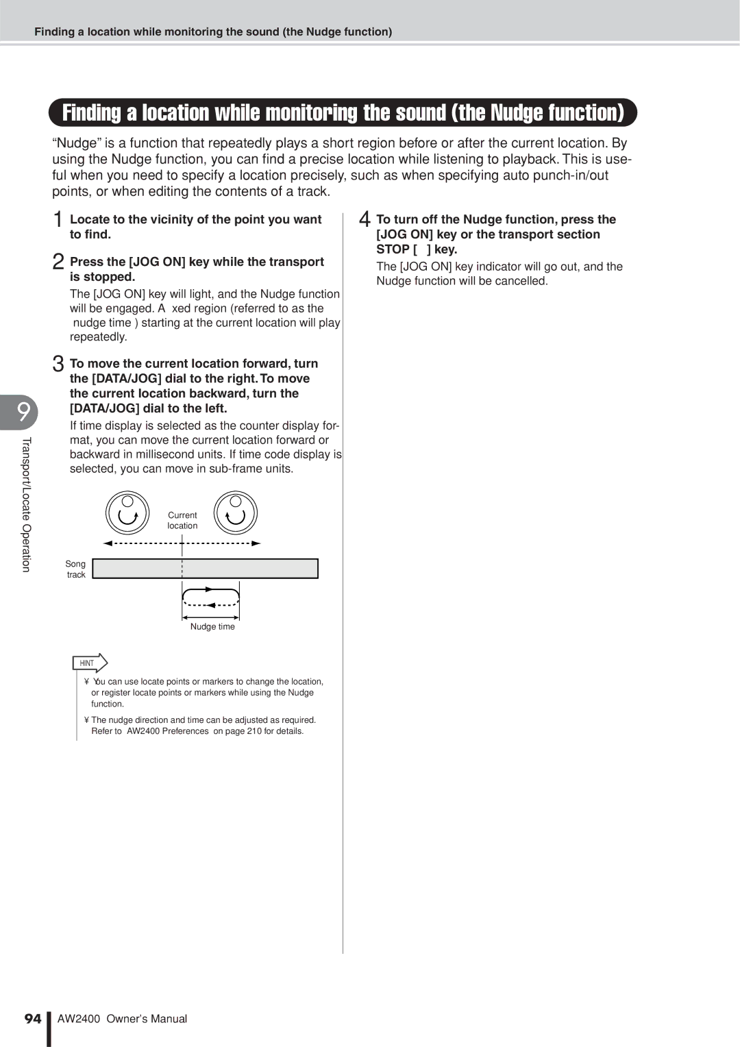 Yamaha AW2400 owner manual Current location Song track Nudge time 