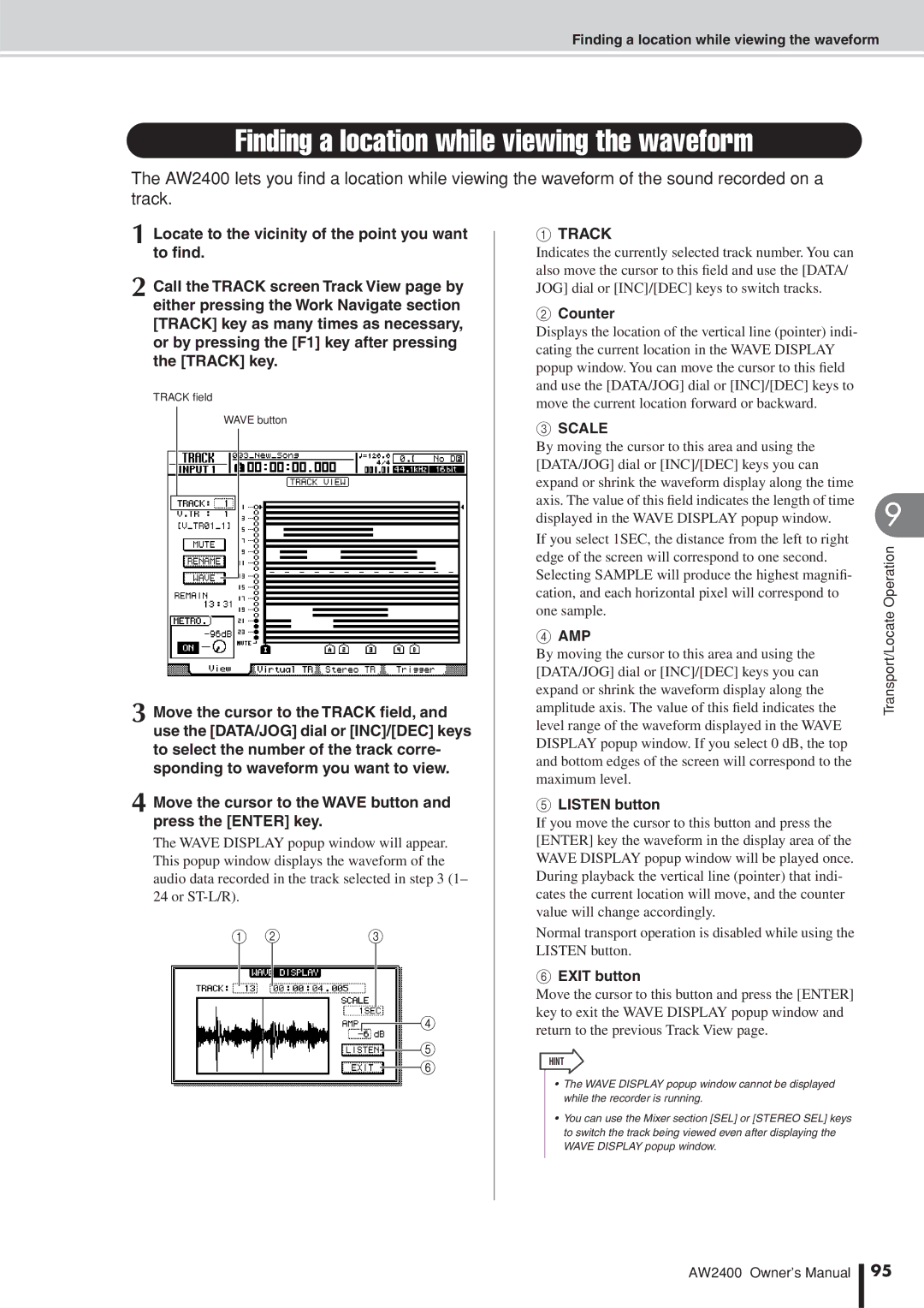 Yamaha AW2400 owner manual Finding a location while viewing the waveform, Track, Scale, Amp 