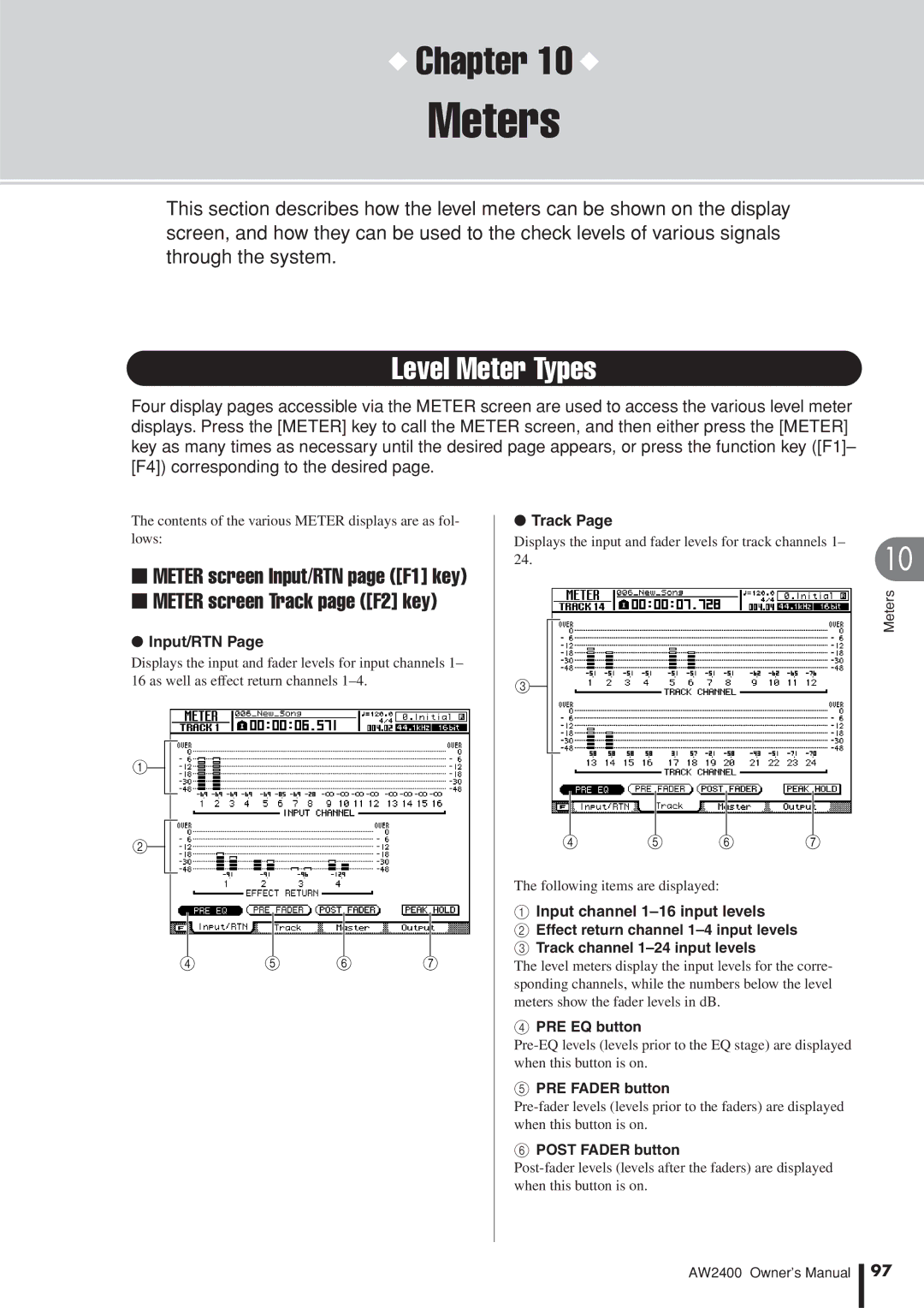 Yamaha AW2400 owner manual Meters, Level Meter Types 