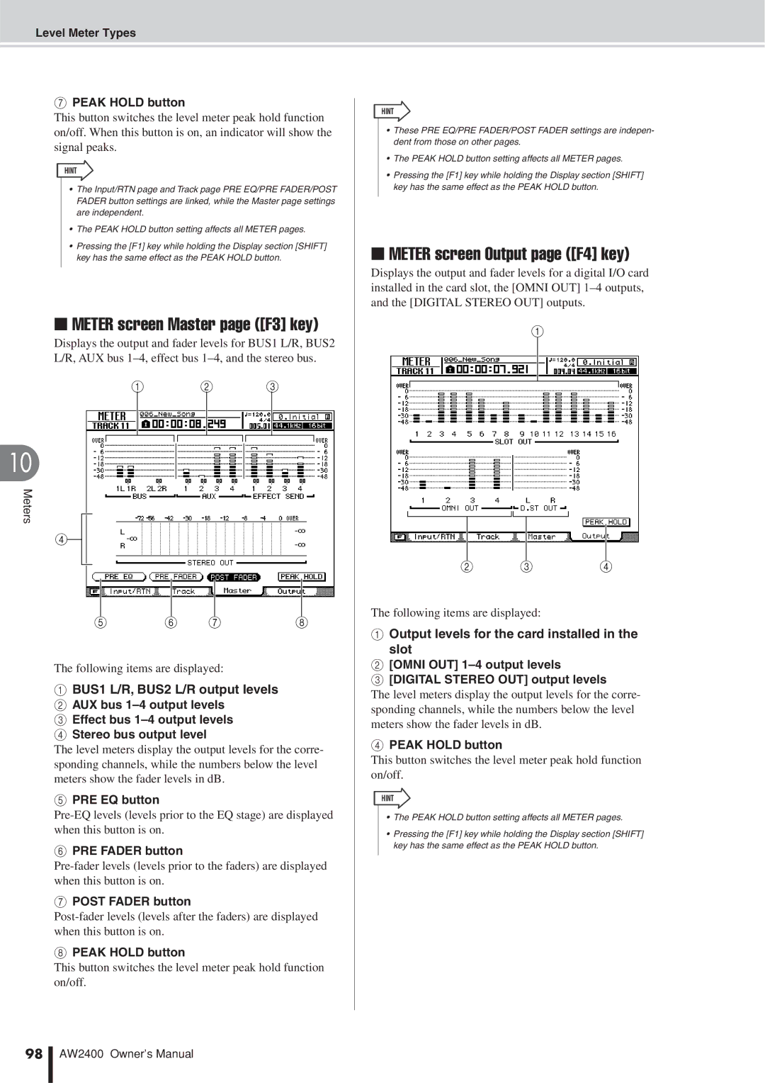 Yamaha AW2400 owner manual Meter screen Output page F4 key, Peak Hold button, Level Meter Types 