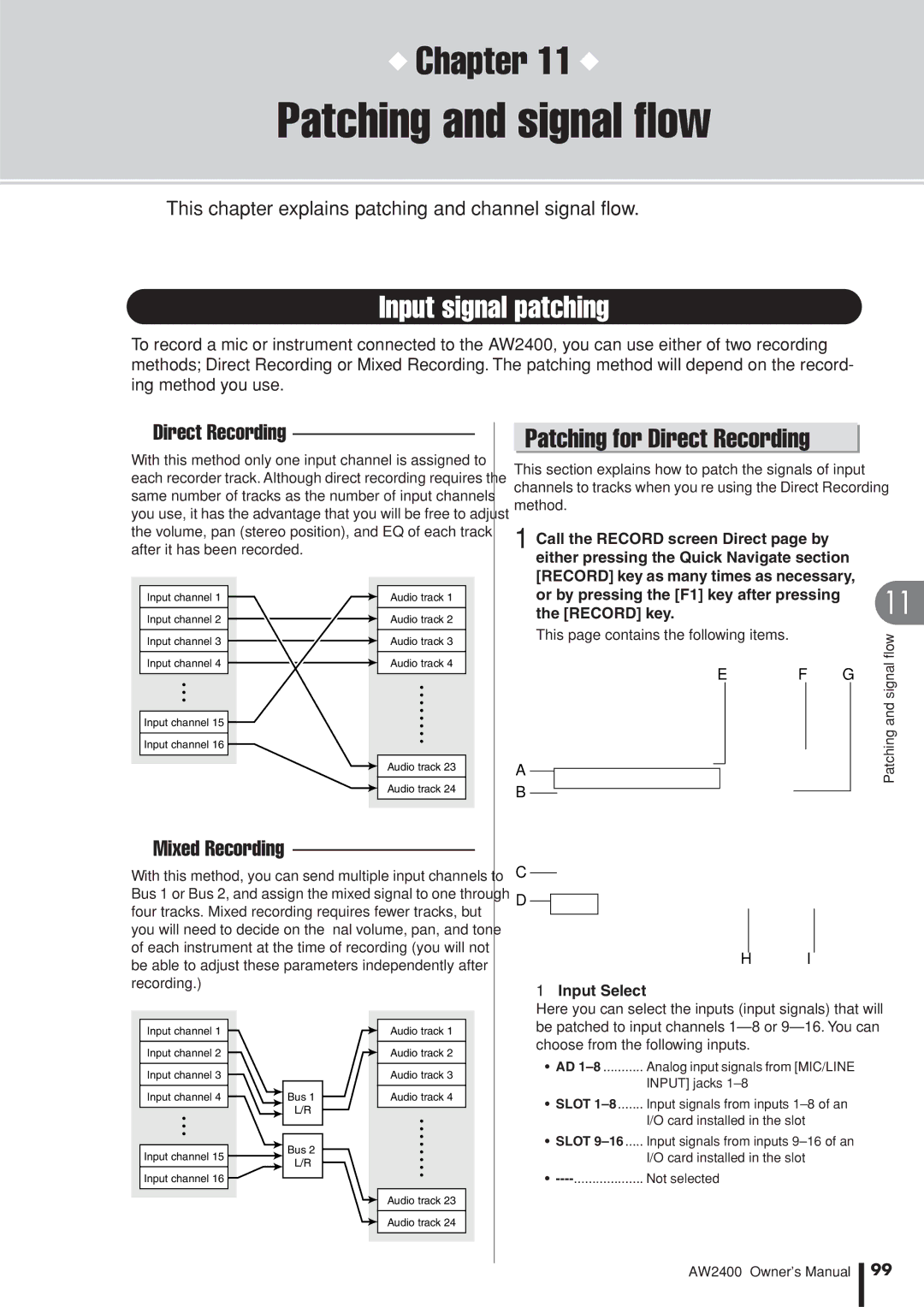 Yamaha AW2400 owner manual Patching and signal ﬂow, Input signal patching, Patching for Direct Recording 