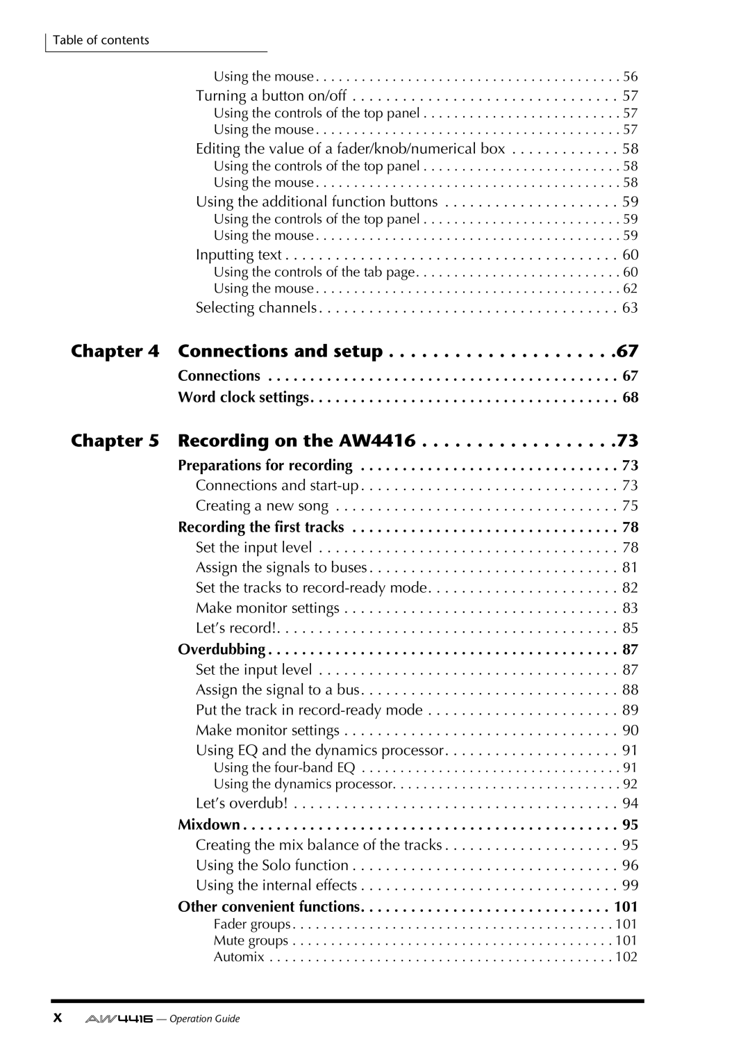 Yamaha AW4416 manual Connections Word clock settings, Preparations for recording, Recording the first tracks, Overdubbing 