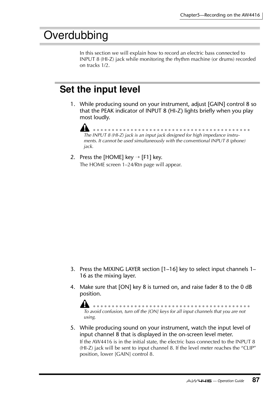 Yamaha AW4416 manual Overdubbing, Set the input level 