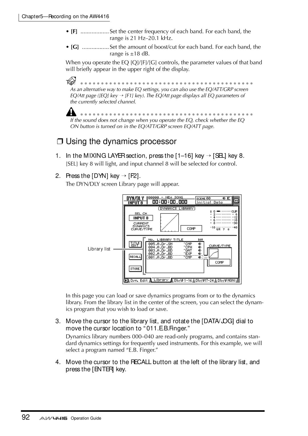 Yamaha AW4416 manual Using the dynamics processor, Press the DYN key → F2 