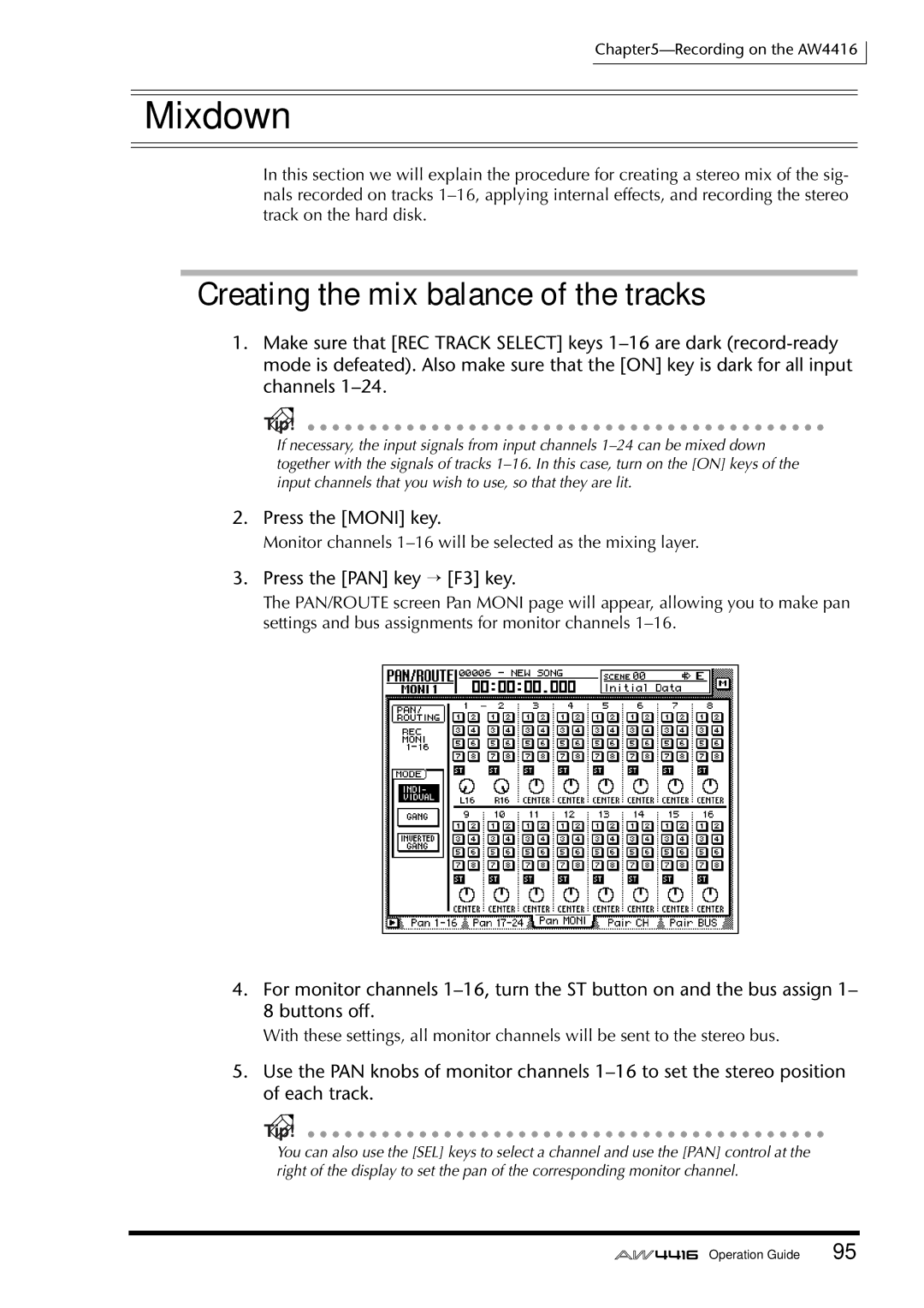 Yamaha AW4416 manual Mixdown, Creating the mix balance of the tracks 