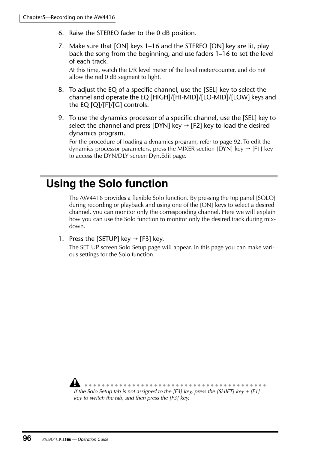 Yamaha AW4416 manual Using the Solo function, Press the Setup key → F3 key 