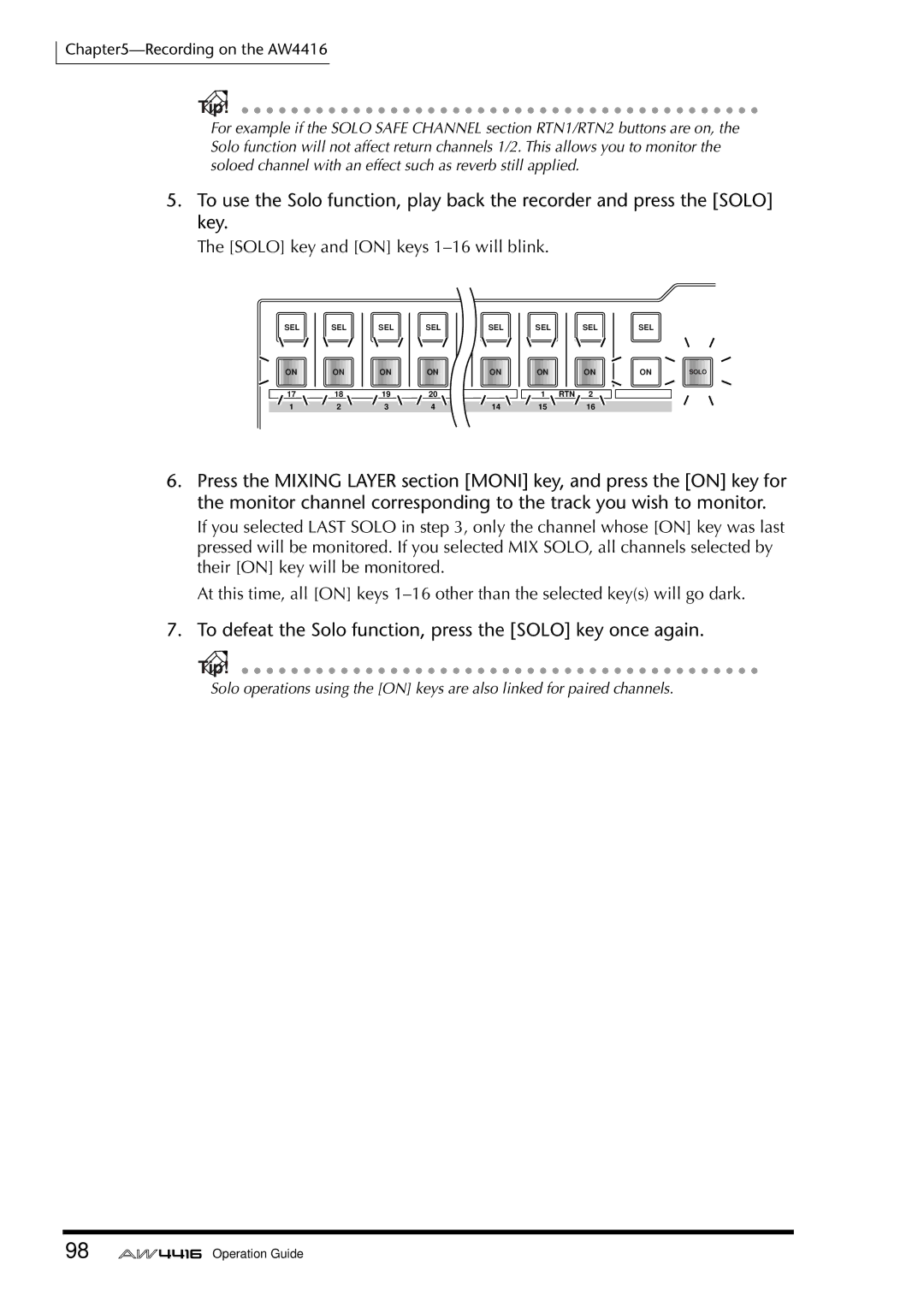 Yamaha AW4416 manual To defeat the Solo function, press the Solo key once again 