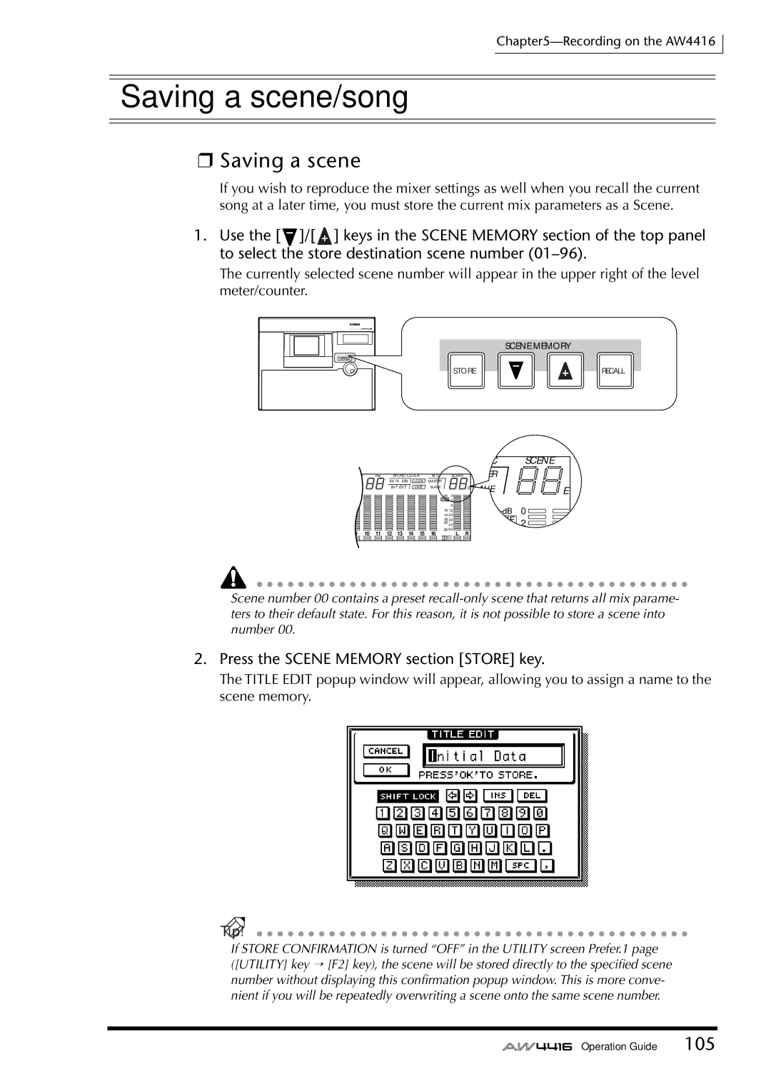 Yamaha AW4416 manual Saving a scene/song, Press the Scene Memory section Store key 