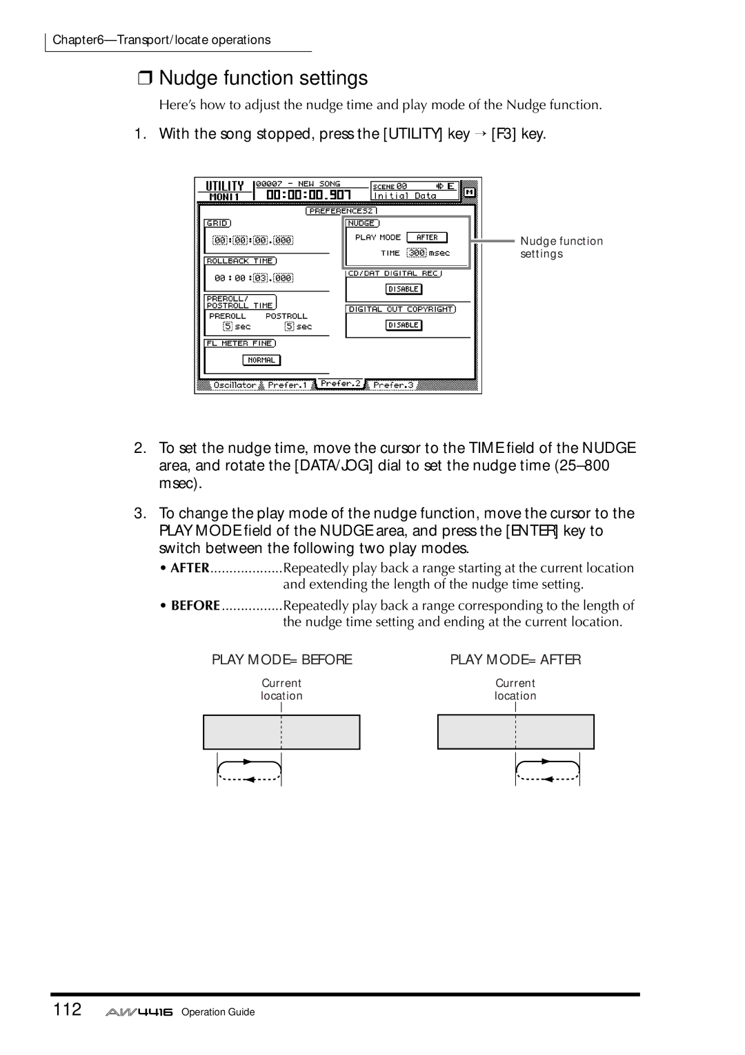 Yamaha AW4416 manual Nudge function settings, 112, With the song stopped, press the Utility key → F3 key 