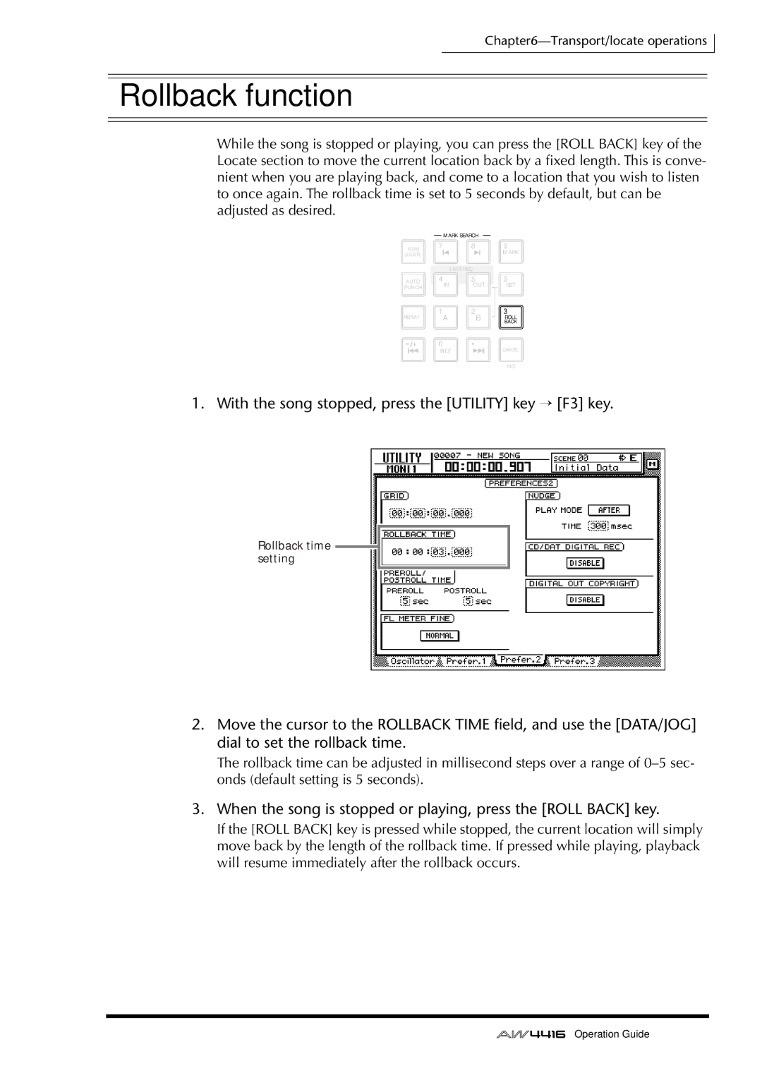 Yamaha AW4416 manual Rollback function, When the song is stopped or playing, press the Roll Back key 