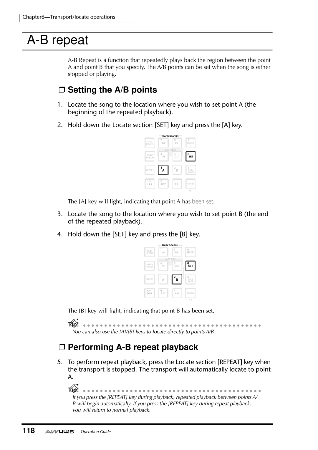 Yamaha AW4416 manual Repeat, Setting the A/B points, Performing A-B repeat playback, 118 