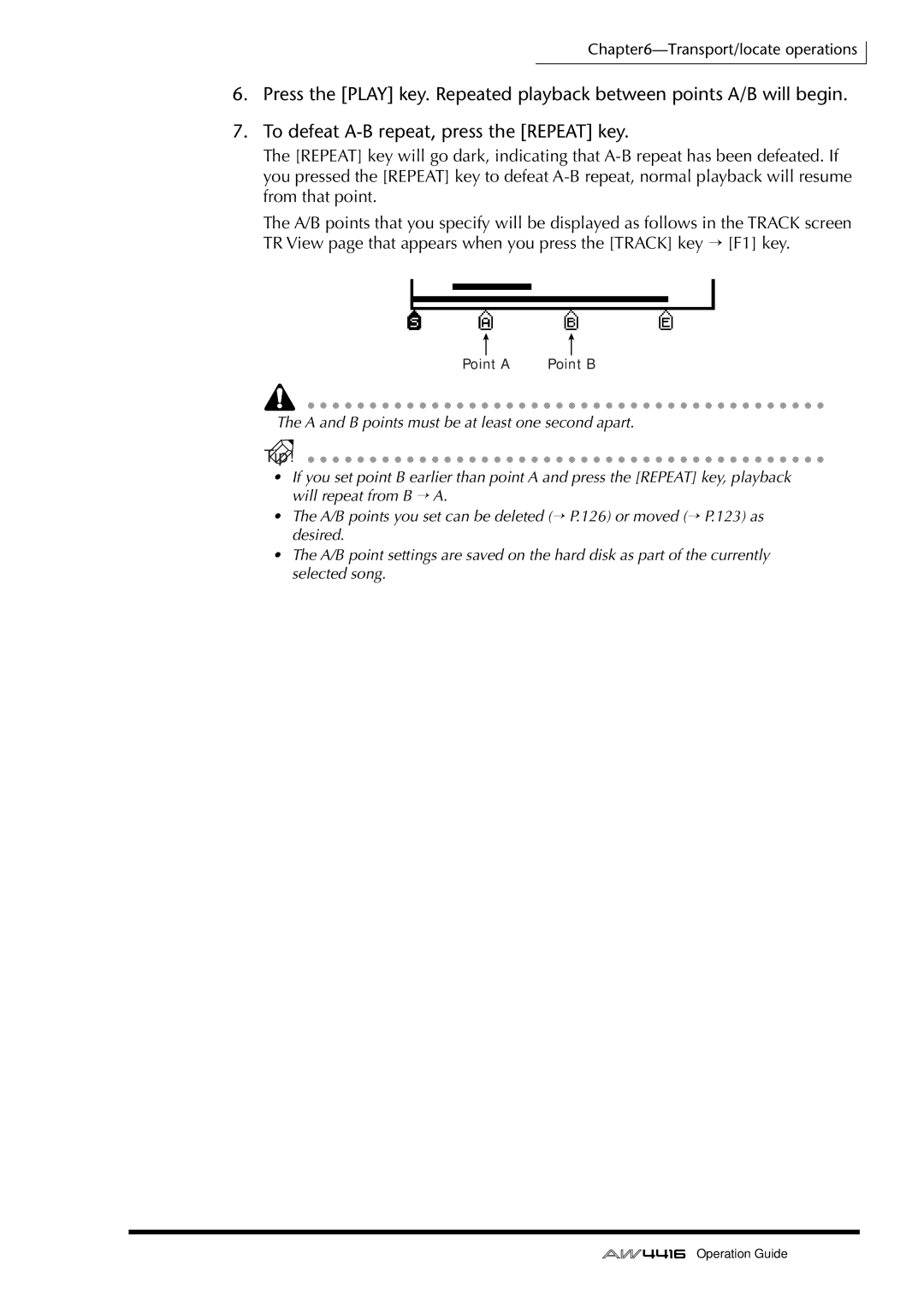 Yamaha AW4416 manual A and B points must be at least one second apart 