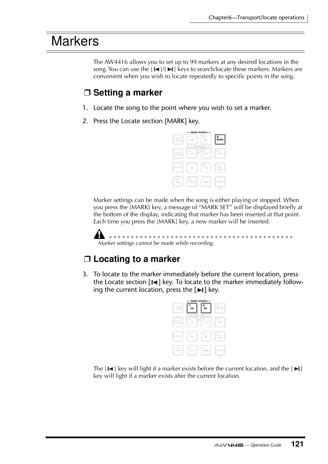 Yamaha AW4416 manual Markers, Setting a marker, Locating to a marker 