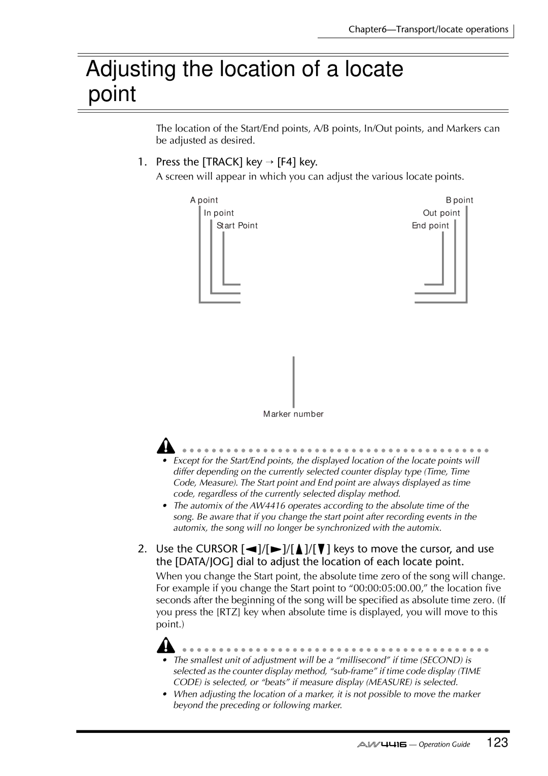 Yamaha AW4416 manual Adjusting the location of a locate point, Press the Track key → F4 key 