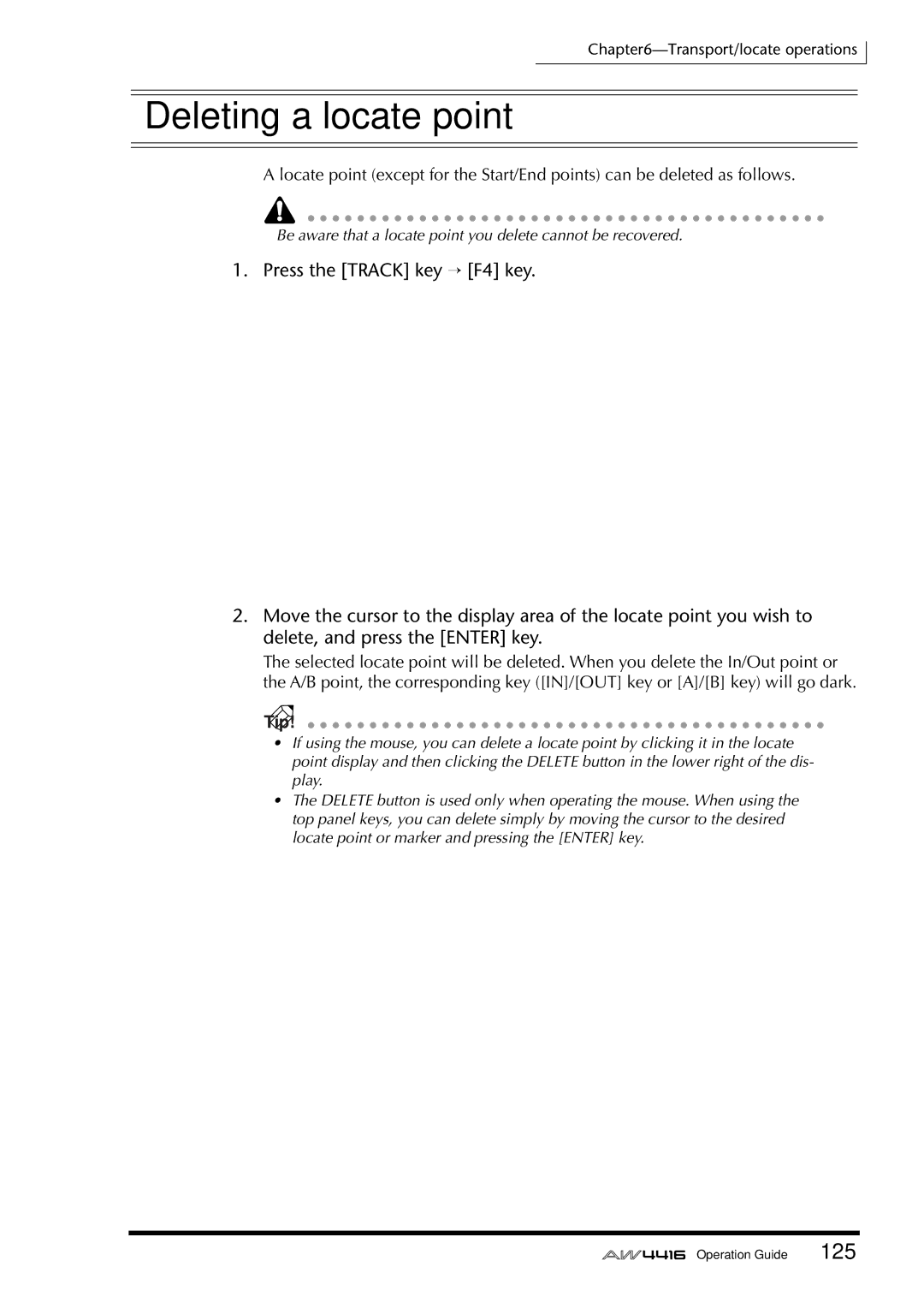 Yamaha AW4416 manual Deleting a locate point 