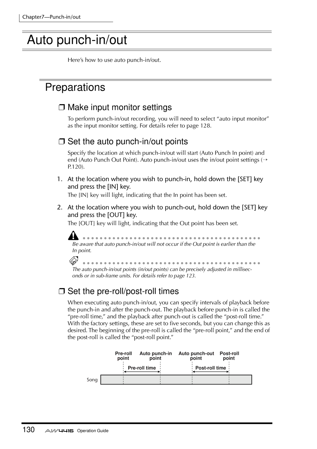 Yamaha AW4416 manual Auto punch-in/out, Set the auto punch-in/out points, Set the pre-roll/post-roll times, 130 
