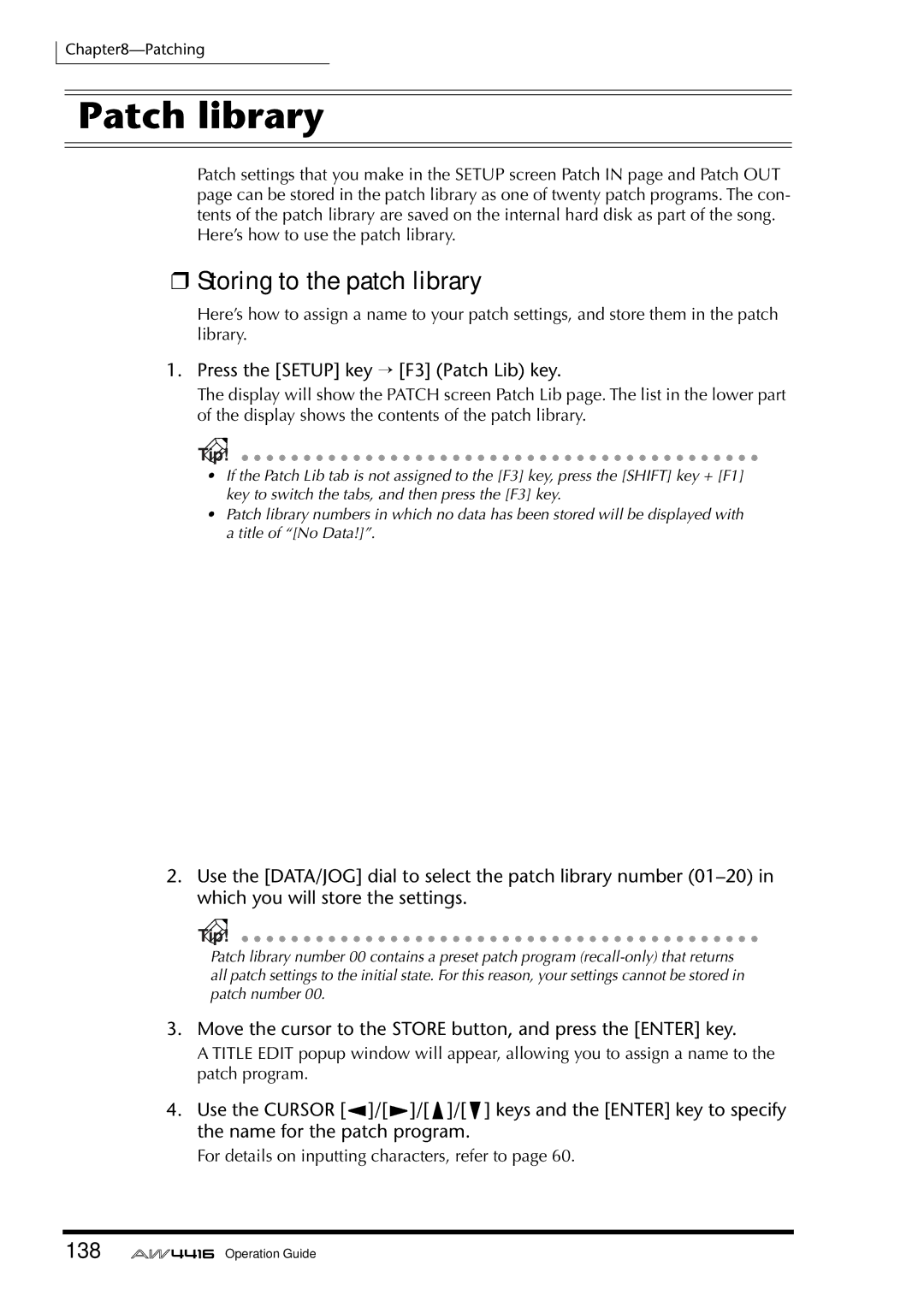 Yamaha AW4416 manual Patch library, Storing to the patch library, 138, Press the Setup key → F3 Patch Lib key 