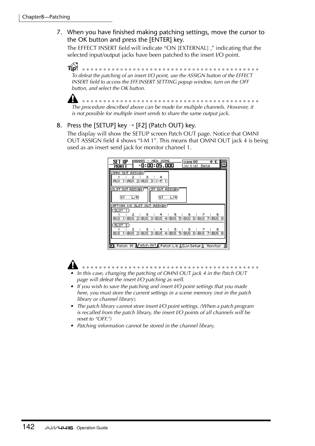 Yamaha AW4416 manual 142, Press the Setup key → F2 Patch OUT key 