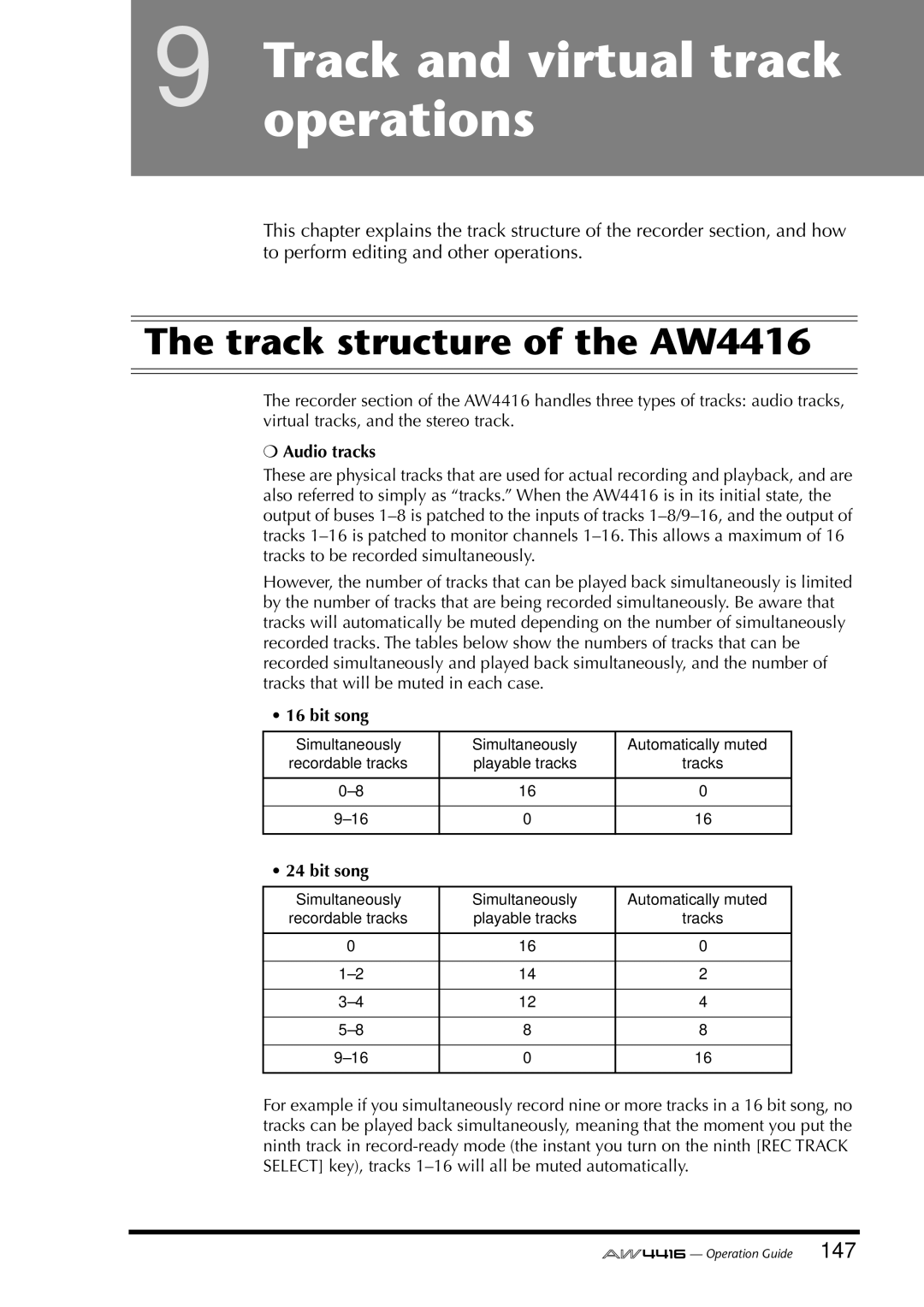 Yamaha manual Track and virtual track operations, Track structure of the AW4416, Audio tracks, Bit song 