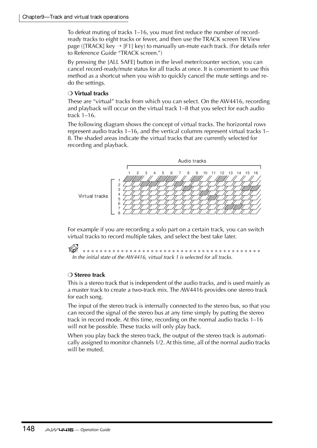 Yamaha AW4416 manual 148, Virtual tracks, Stereo track 
