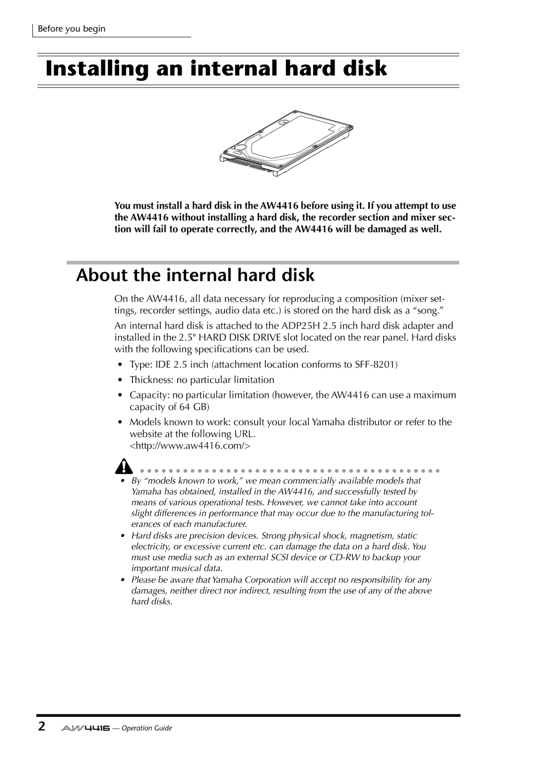 Yamaha AW4416 manual Installing an internal hard disk, About the internal hard disk 