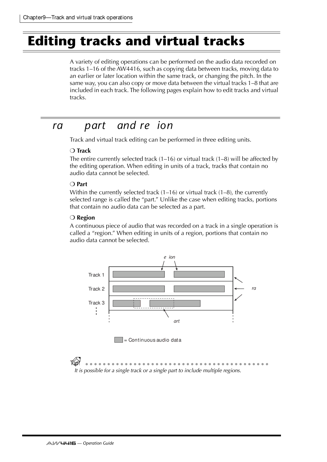 Yamaha AW4416 manual Editing tracks and virtual tracks, Tracks, parts, and regions, 152 