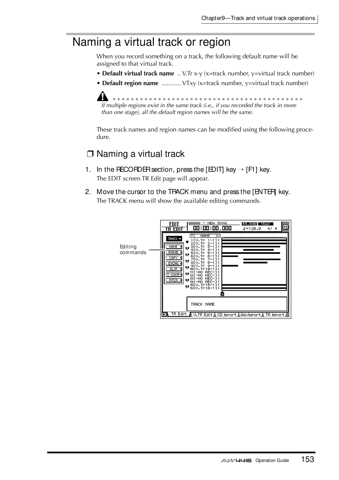 Yamaha AW4416 manual Naming a virtual track or region, Recorder section, press the Edit key → F1 key 