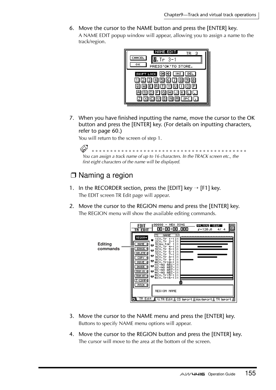 Yamaha AW4416 manual Naming a region, Move the cursor to the Name button and press the Enter key 