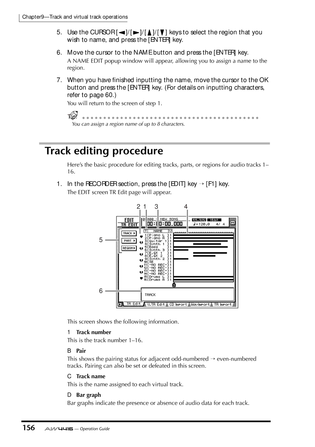 Yamaha AW4416 manual Track editing procedure, 156, Pair, Bar graph 