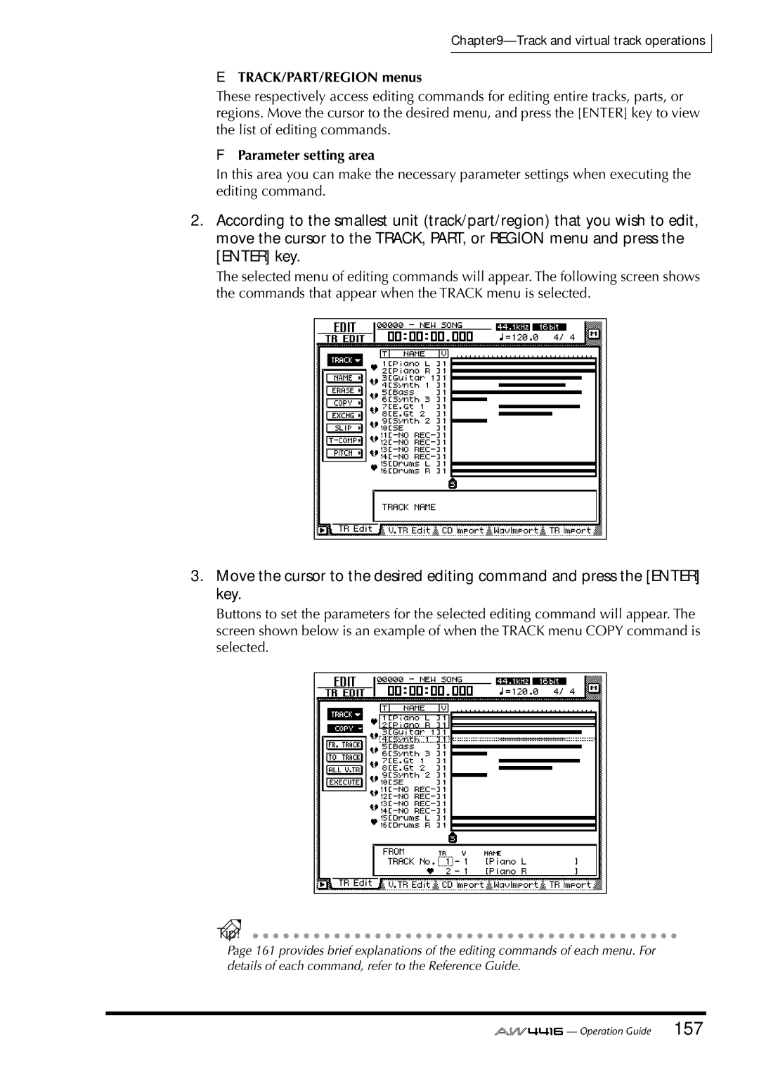 Yamaha AW4416 manual TRACK/PART/REGION menus, Parameter setting area 