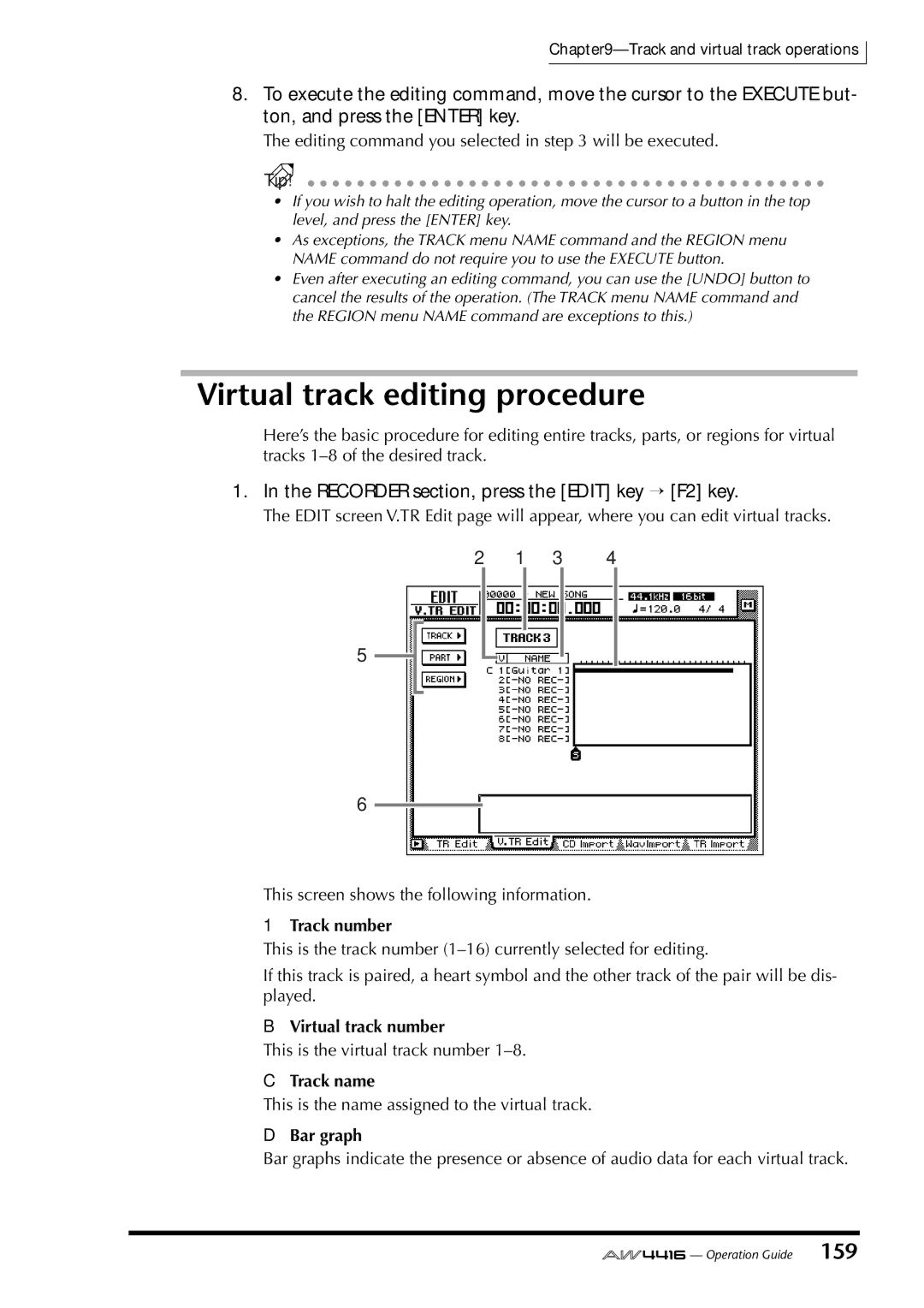 Yamaha AW4416 manual Virtual track editing procedure, Recorder section, press the Edit key → F2 key, Virtual track number 