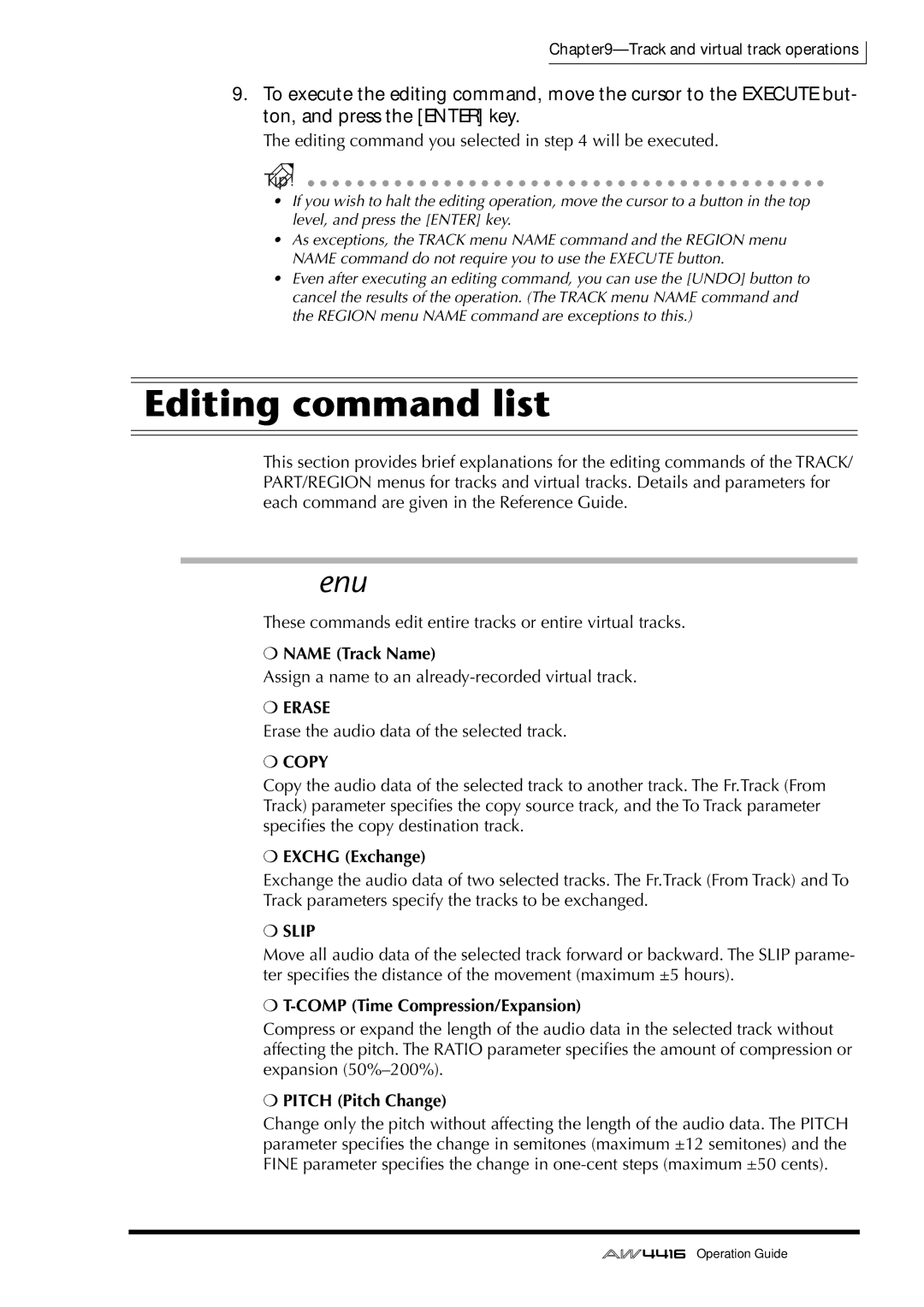 Yamaha AW4416 manual Editing command list, Track menu, Erase, Copy, Slip 