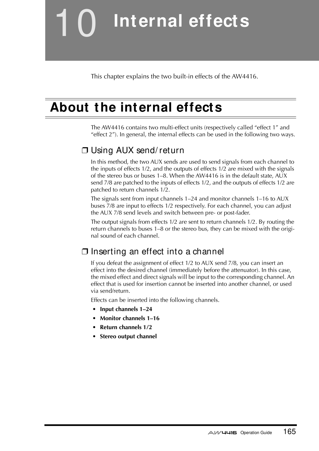 Yamaha AW4416 Internal effects, About the internal effects, Using AUX send/return, Inserting an effect into a channel 