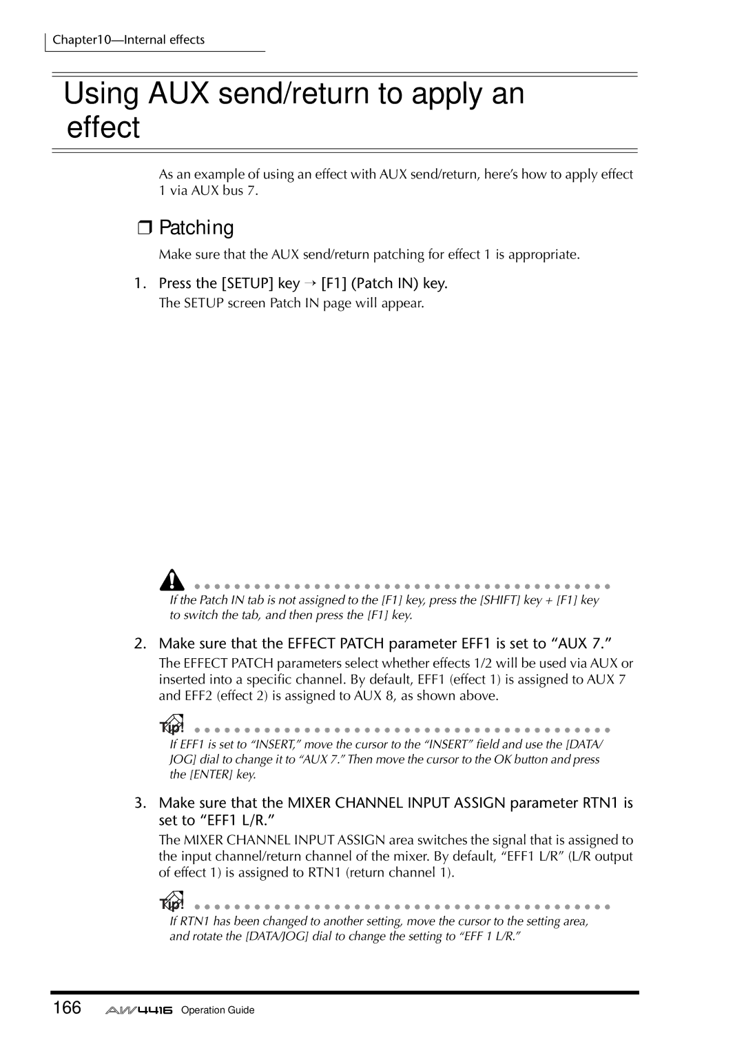 Yamaha AW4416 manual Using AUX send/return to apply an effect, Patching, 166 