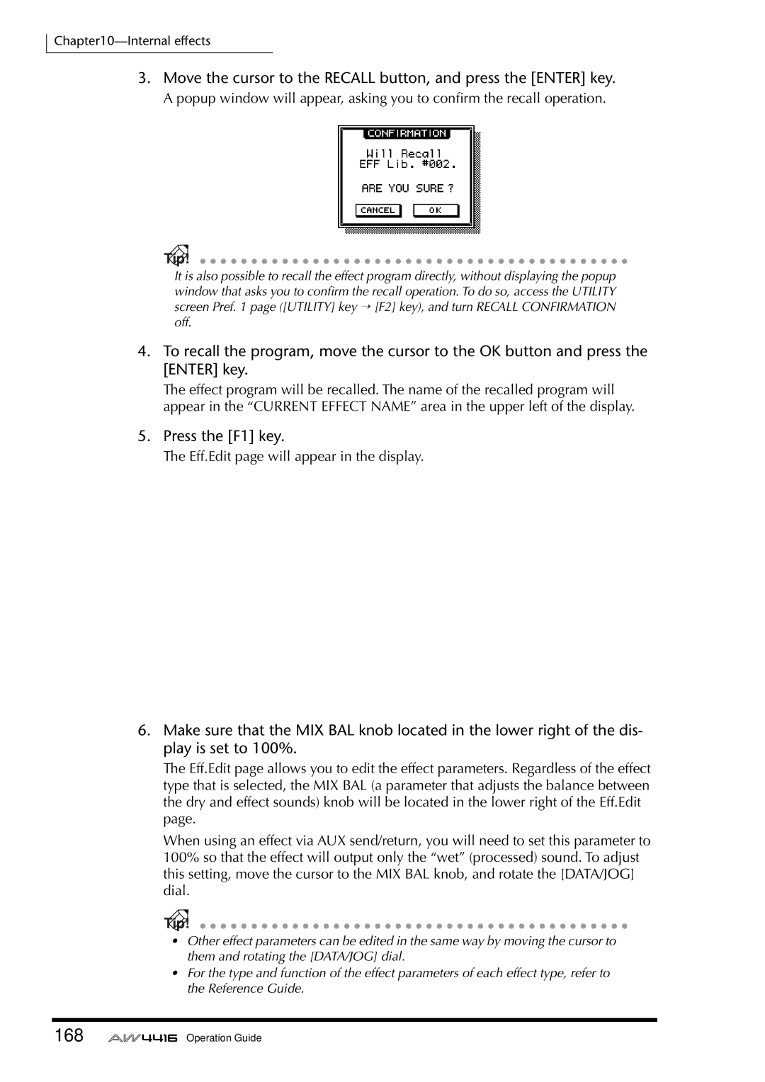 Yamaha AW4416 manual 168, Press the F1 key 