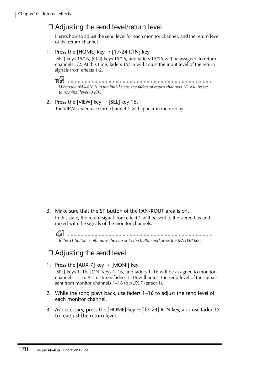 Yamaha AW4416 manual Adjusting the send level/return level, 170 