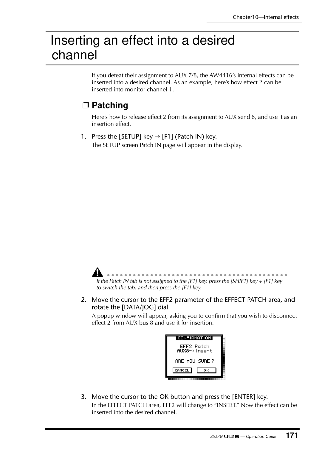 Yamaha AW4416 manual Inserting an effect into a desired channel, Setup screen Patch in page will appear in the display 