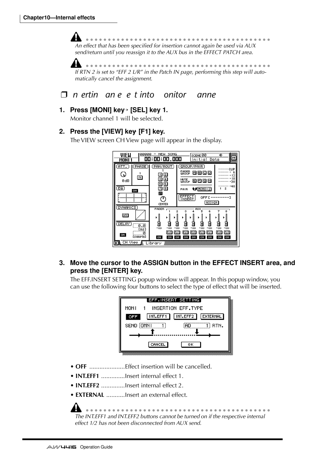 Yamaha AW4416 manual Inserting an effect into monitor channel, 172, Press Moni key → SEL key 