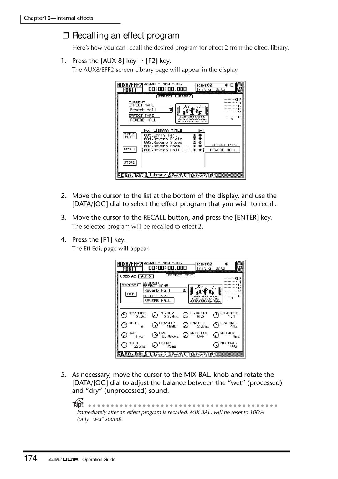 Yamaha AW4416 manual Recalling an effect program, 174, Press the AUX 8 key → F2 key 