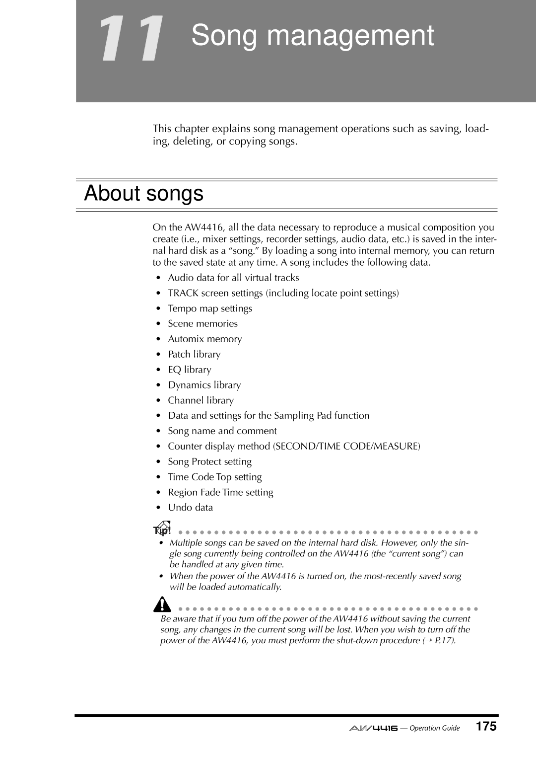 Yamaha AW4416 manual Song management, About songs 