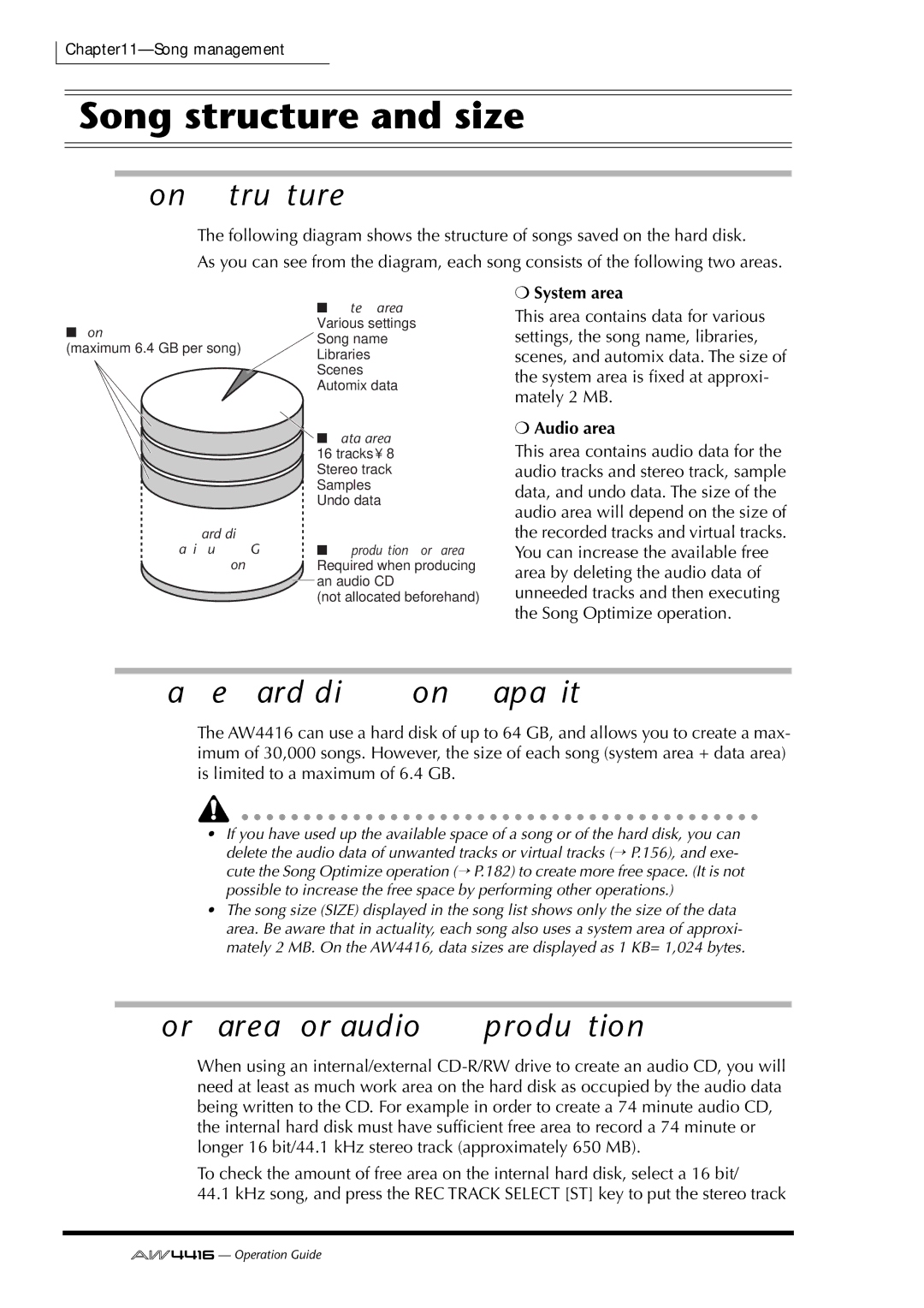 Yamaha AW4416 manual Song structure and size, Usable hard disks/song capacity, Work area for audio CD production, 176 