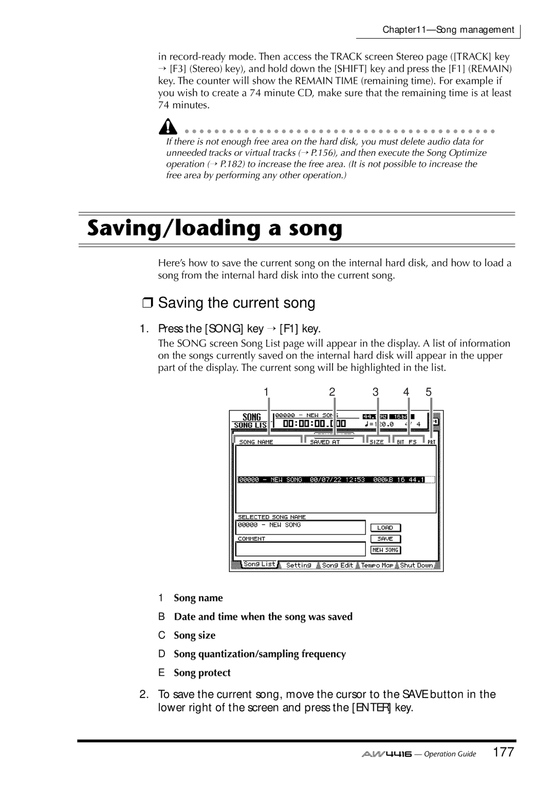 Yamaha AW4416 manual Saving/loading a song, Saving the current song 