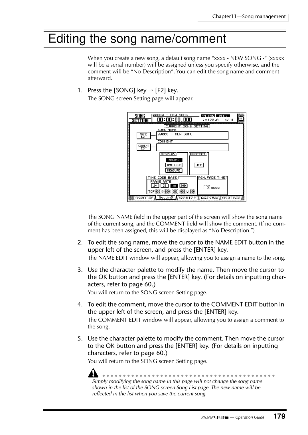 Yamaha AW4416 manual Editing the song name/comment, Press the Song key → F2 key 