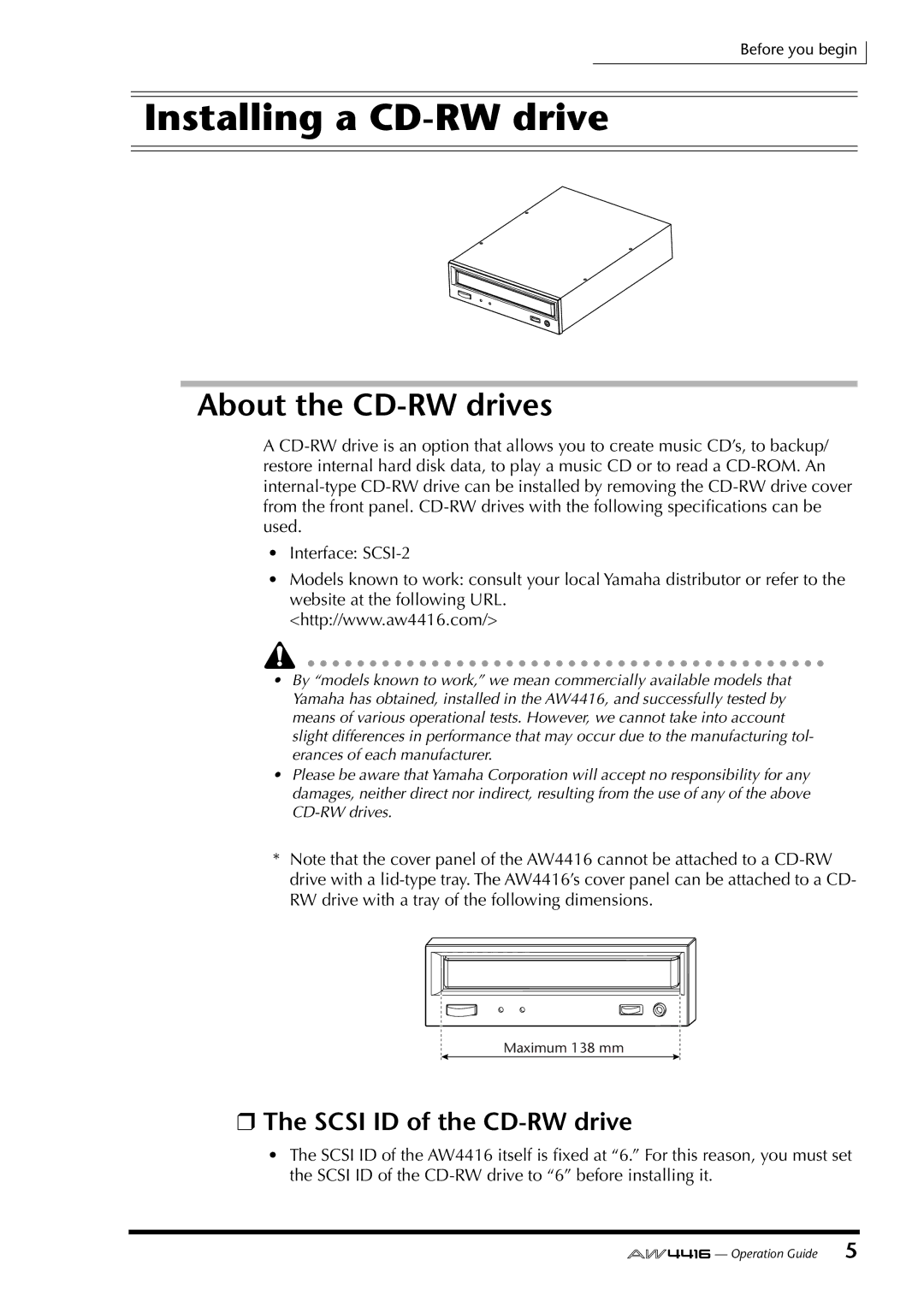 Yamaha AW4416 manual Installing a CD-RW drive, About the CD-RW drives, Scsi ID of the CD-RW drive 