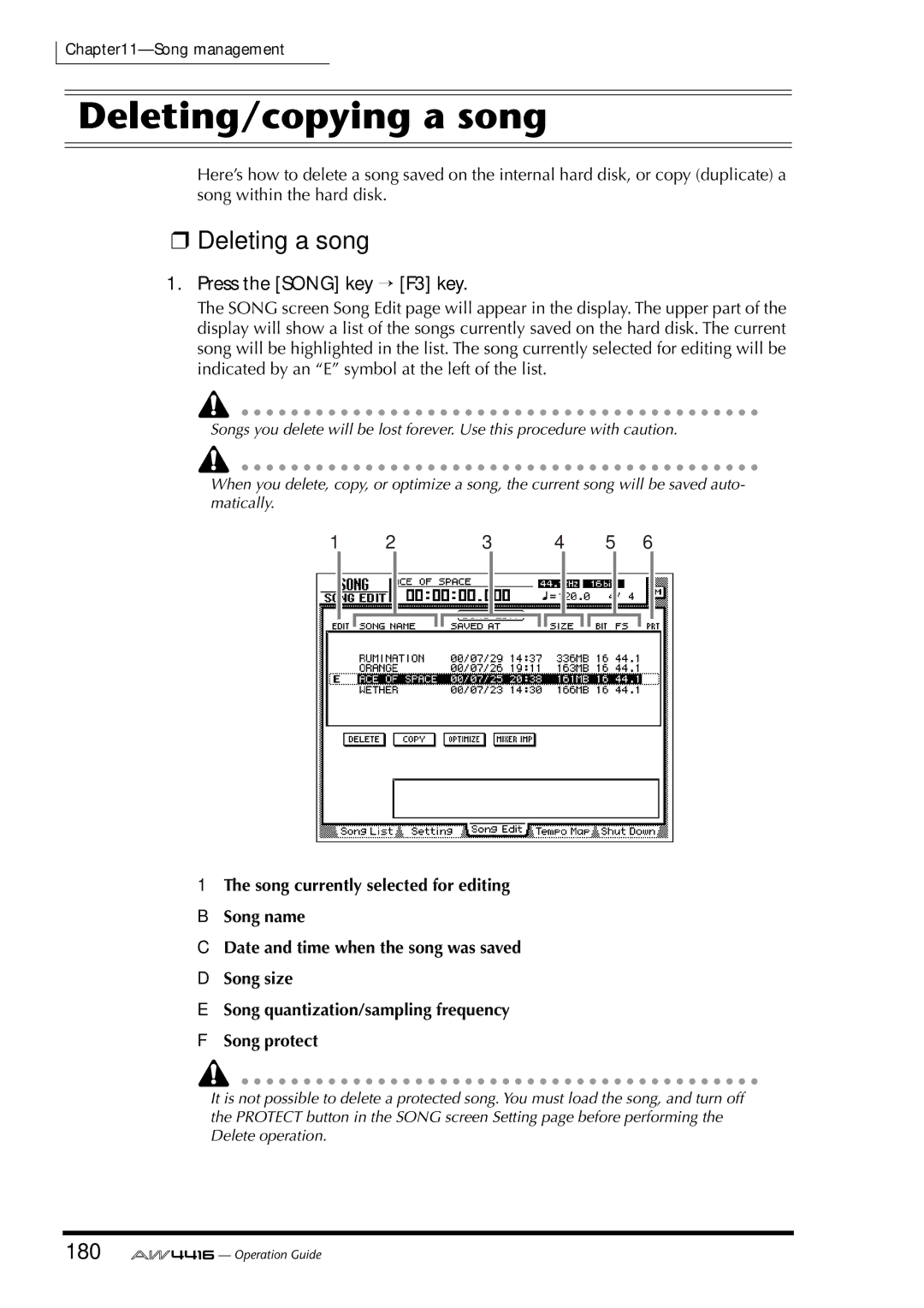 Yamaha AW4416 manual Deleting/copying a song, Deleting a song, 180, Press the Song key → F3 key 