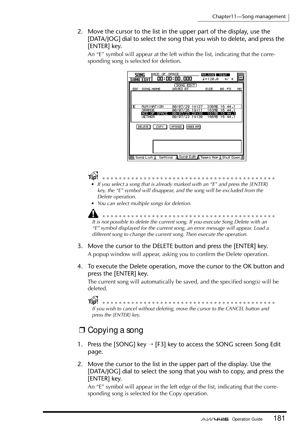 Yamaha AW4416 manual Copying a song, Move the cursor to the Delete button and press the Enter key 