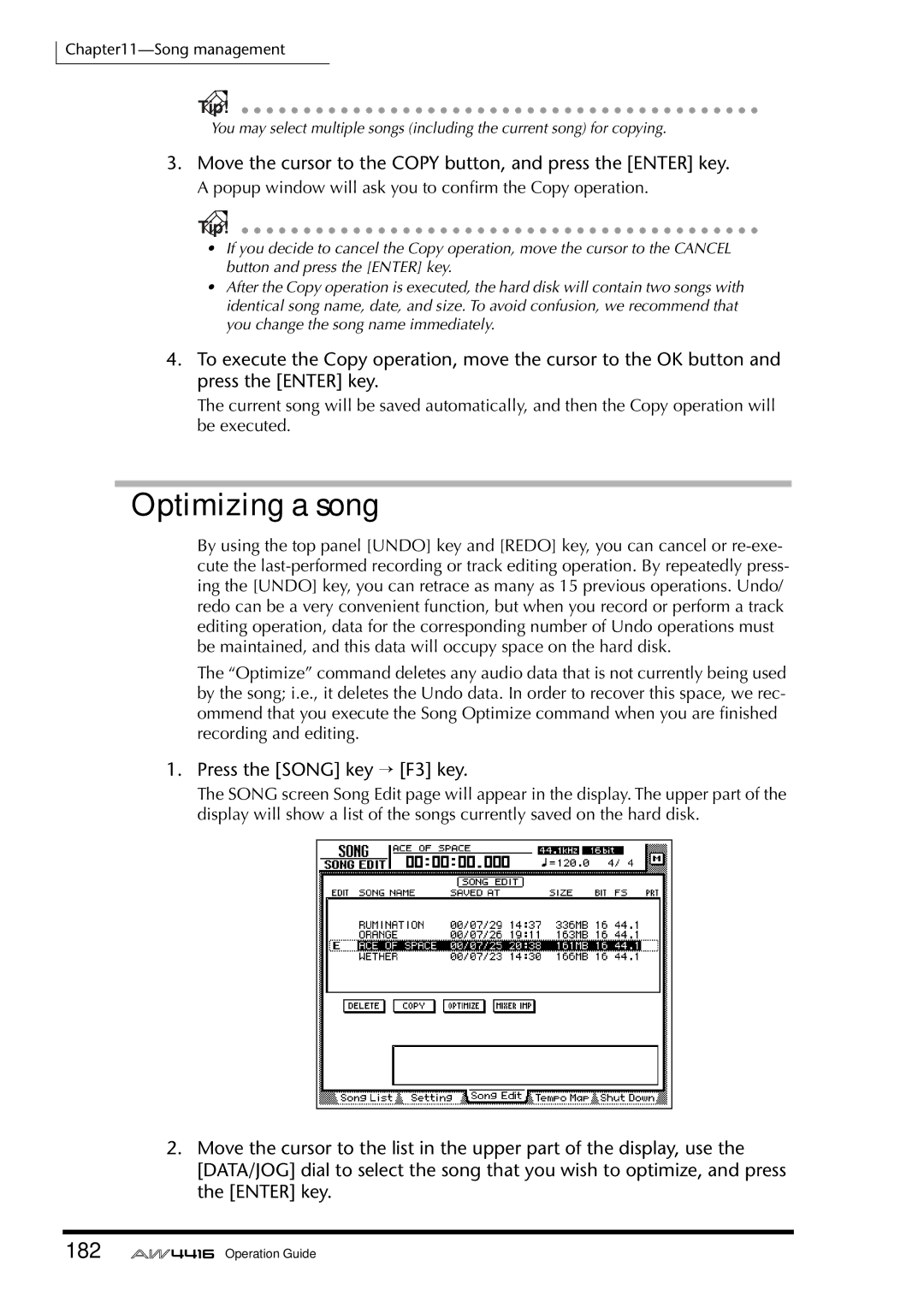 Yamaha AW4416 manual Optimizing a song, 182, Move the cursor to the Copy button, and press the Enter key 