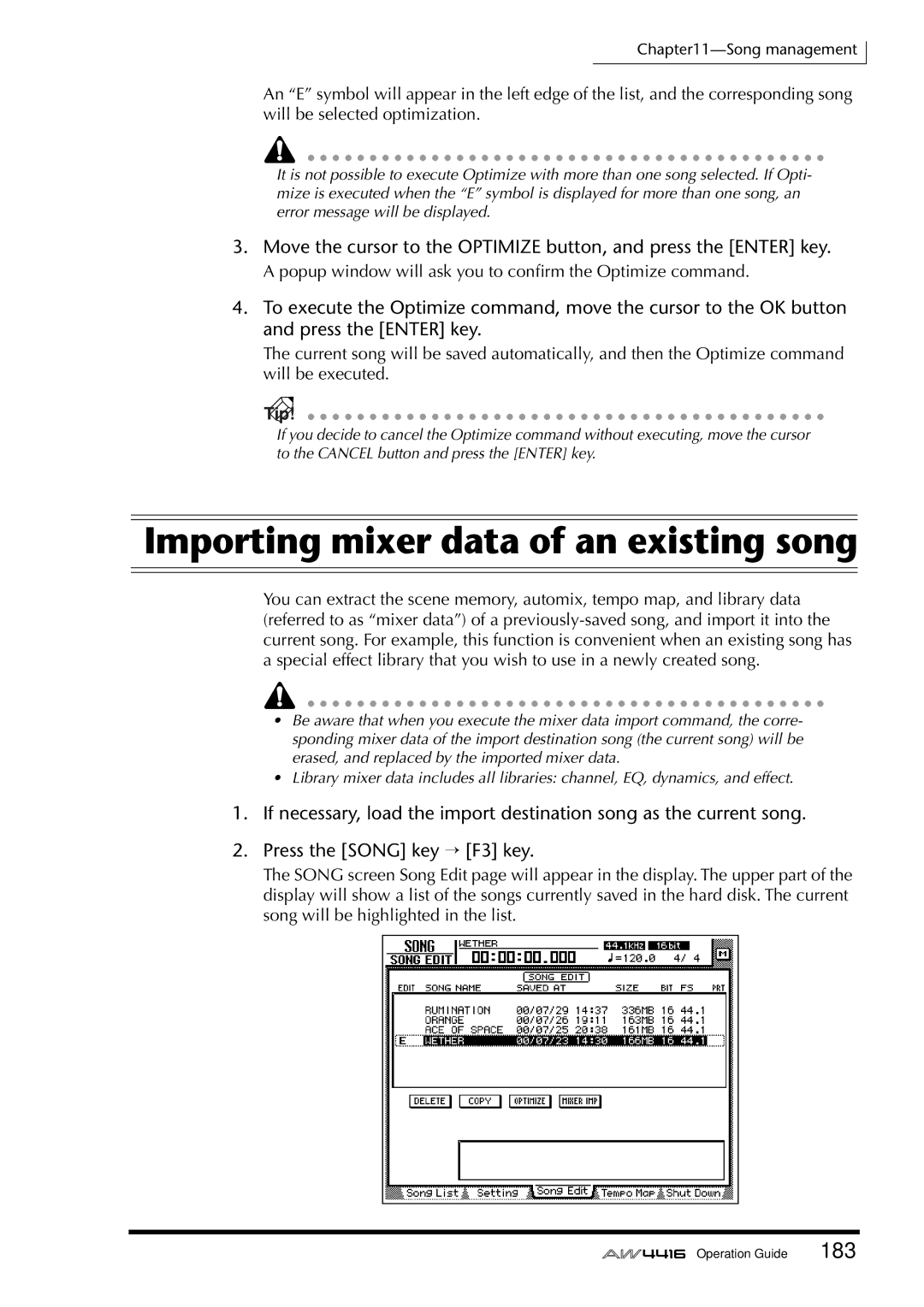 Yamaha AW4416 manual Importing mixer data of an existing song 