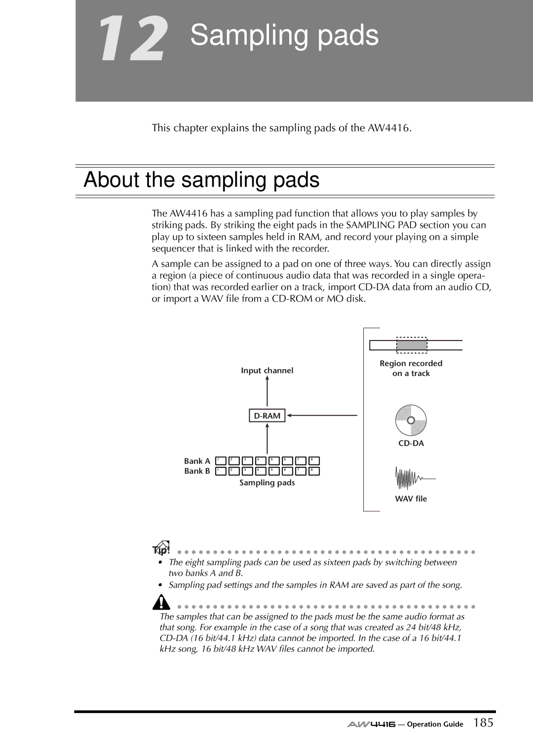 Yamaha manual Sampling pads, About the sampling pads, This chapter explains the sampling pads of the AW4416 