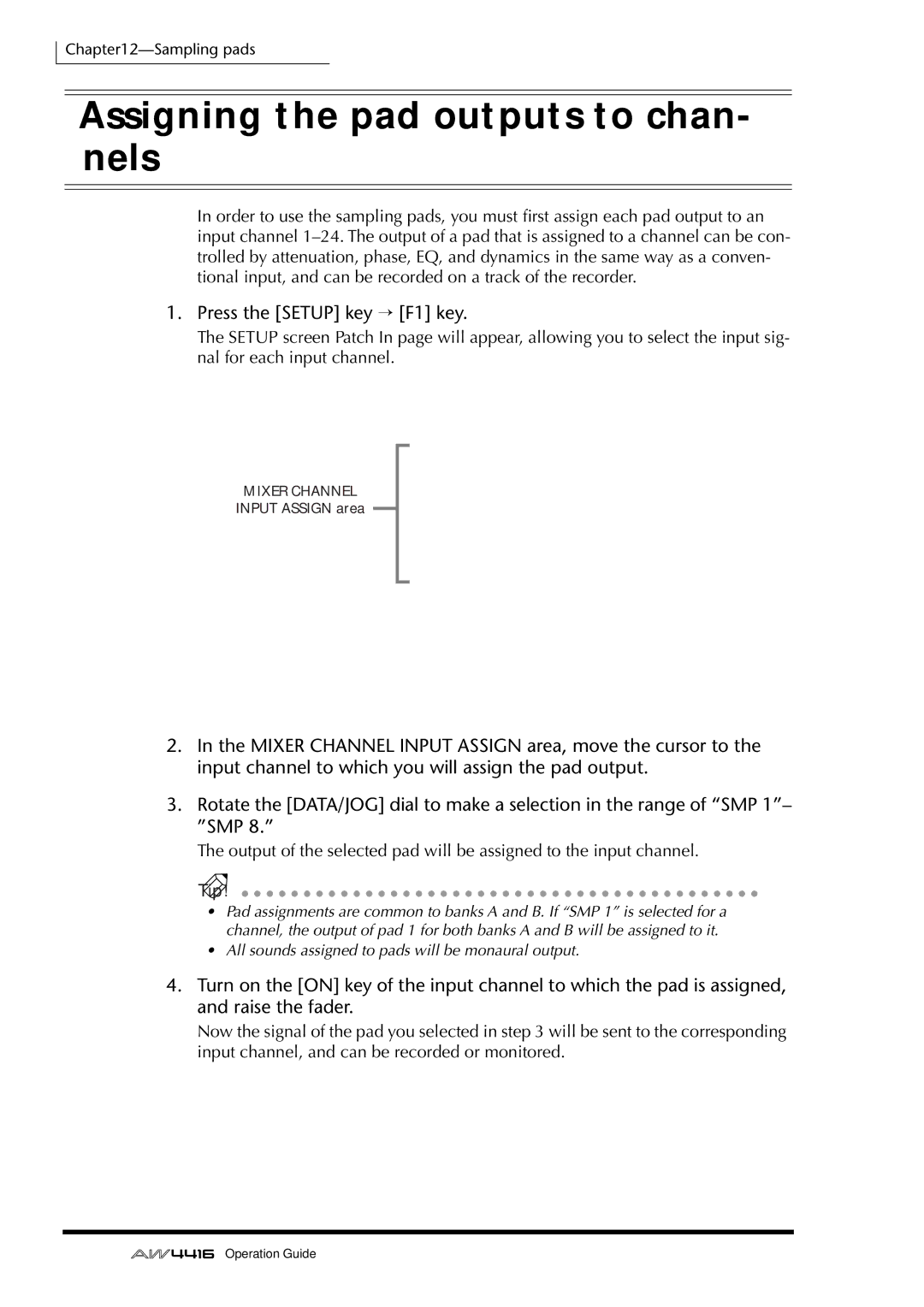 Yamaha AW4416 manual Assigning the pad outputs to chan- nels, 186, Press the Setup key → F1 key 